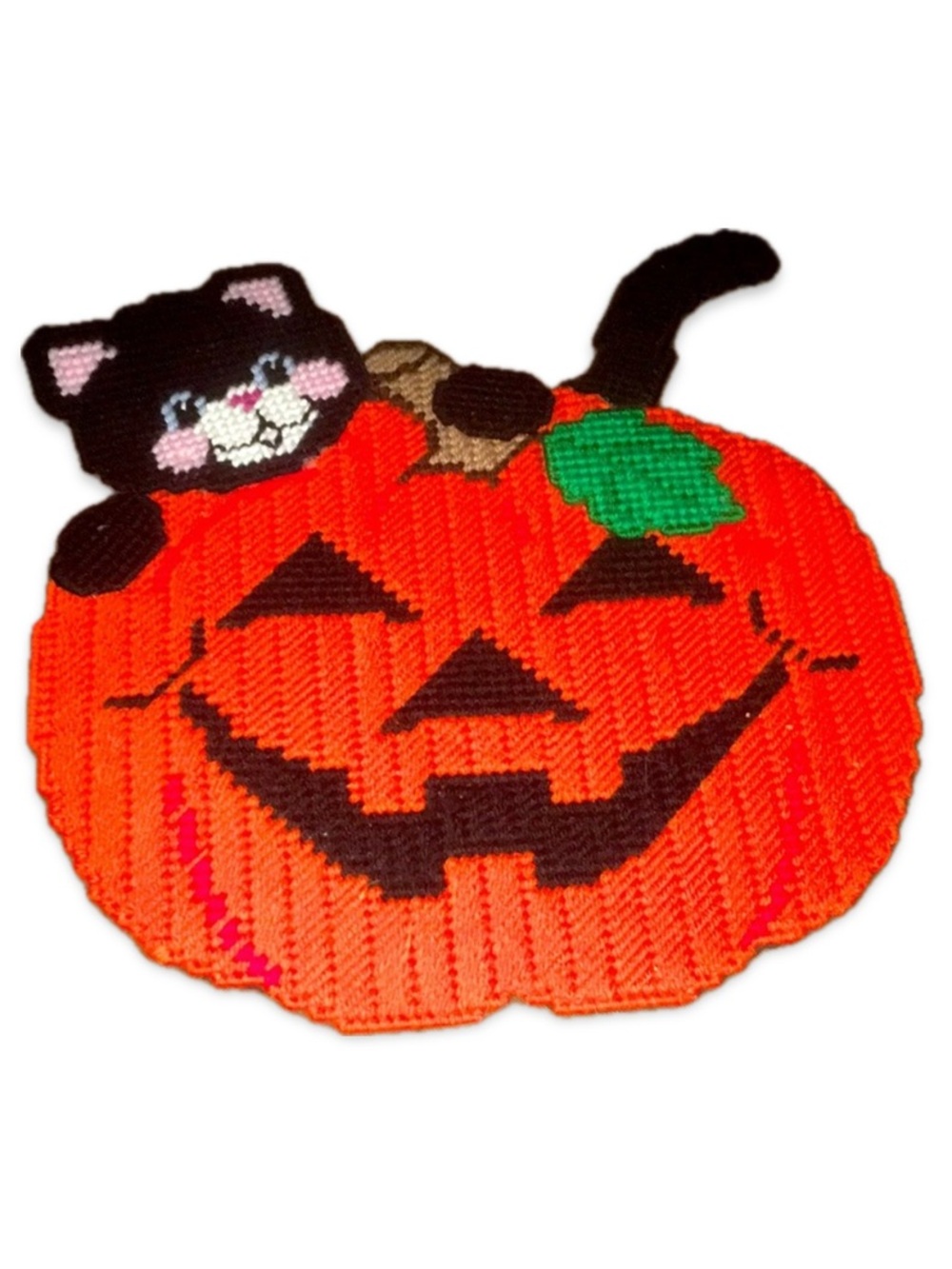 Handmade Crochet Halloween Orange Pumpkin Black Cat Wall Hanging 11x11